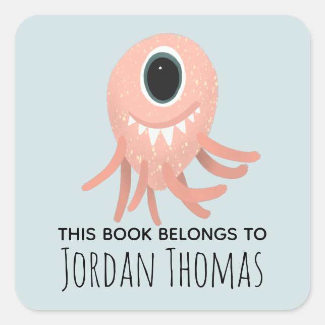 Pegatina Cuadrada Folleto escolar de niños con monstruos rosados (Anverso)