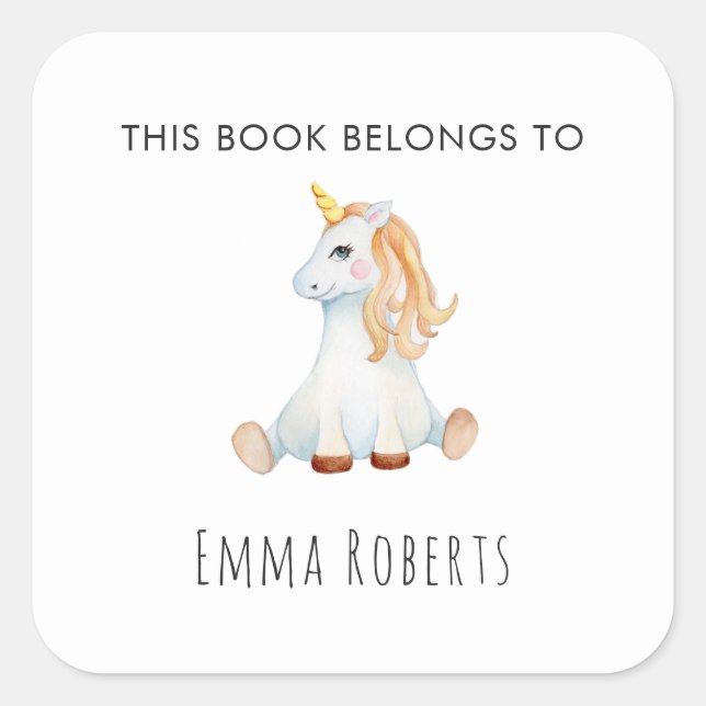 Pegatina Cuadrada Folleto infantil 'Este libro pertenece' a Unicorni (Anverso)