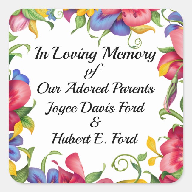 Pegatina Cuadrada Folleto Revisado, En Memoriam, Donation Square St (Anverso)