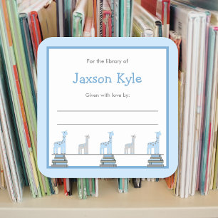 Pegatina Cuadrada Folletos Baby Shower Blue Giraffe Boy