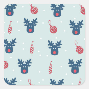 Pegatina Cuadrada Fondo Azul con Rudolph y bolas de Navidad