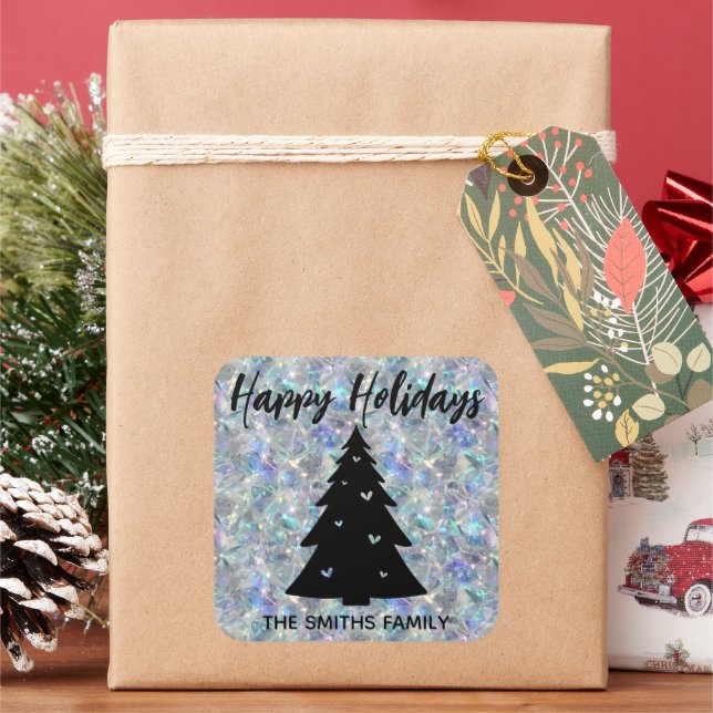 Pegatina Cuadrada Fondo de Piedra Óptica Holográfica Felices Fiestas (Vacaciones)