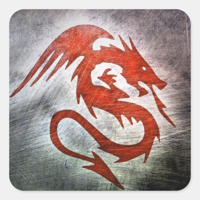 Pegatina Cuadrada Fondo negro del dragón rojo (Anverso)