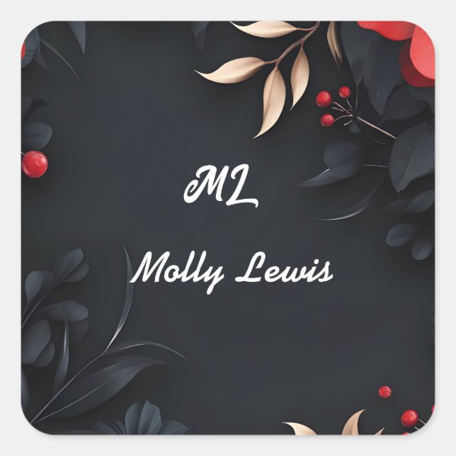 Pegatina Cuadrada Fondo negro y decoración floral (Anverso)