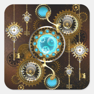 Pegatina Cuadrada Fondo oxidado steampunk con lentes turquesas