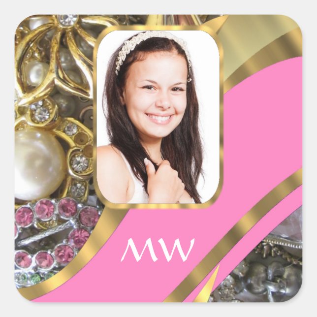 Pegatina Cuadrada Fondo personalizado de joyería rosa (Anverso)