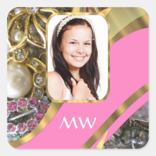 Pegatina Cuadrada Fondo personalizado de joyería rosa