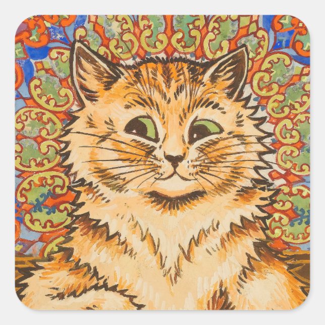 Pegatina Cuadrada Fondo psicodélico y gato pintado por Louis Wain (Anverso)