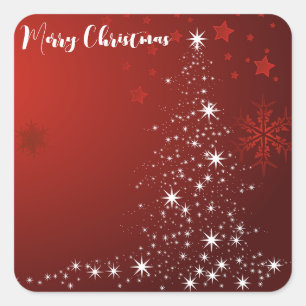 Pegatina Cuadrada Fondo rojo con árbol de Navidad estrellado