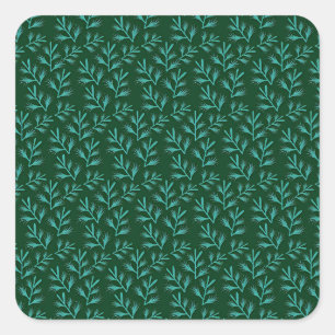 Pegatina Cuadrada Fondo verde oscuro con hojas botánicas de color ci