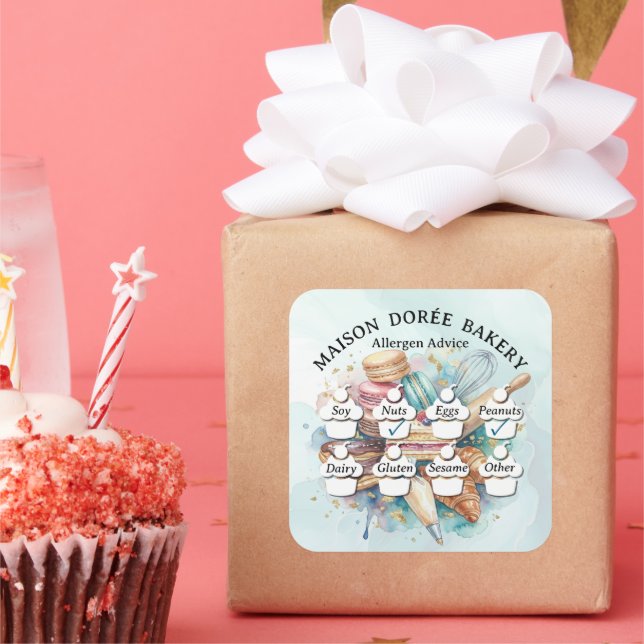 Pegatina Cuadrada Food Safety Allergy Alert Bakery Pastry Chef Gold (Fiesta)