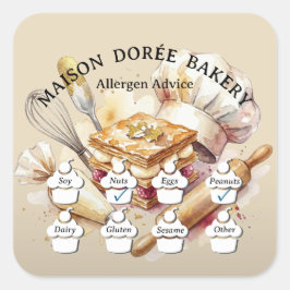 Pegatina Cuadrada Food Safety Allergy Alert Bakery Pastry Chef Gold
