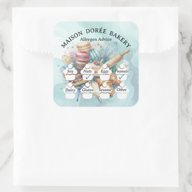 Pegatina Cuadrada Food Safety Allergy Alert Bakery Pastry Chef Gold (Bolso)