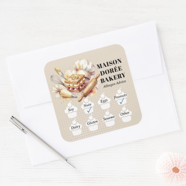 Pegatina Cuadrada Food Safety Allergy Alert Bakery Pastry Chef Gold (Sobre)