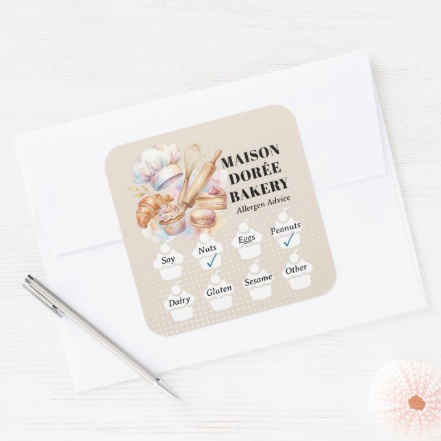 Pegatina Cuadrada Food Safety Allergy Alert Bakery Store Pastry Chef (Sobre)