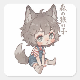 Pegatina Cuadrada Forest Wolf Child Chibi Sticker