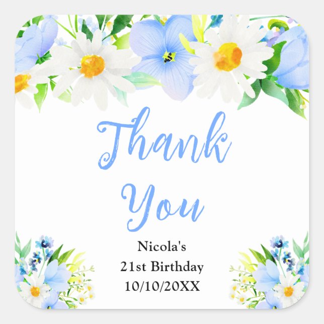 Pegatina Cuadrada Forget-Me-Nots Daisies Birthday Thank You (Anverso)