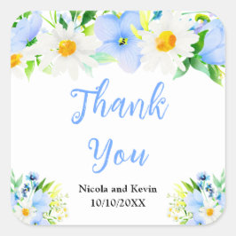 Pegatina Cuadrada Forget-Me-Nots Daisies Floral Wedding Thank You
