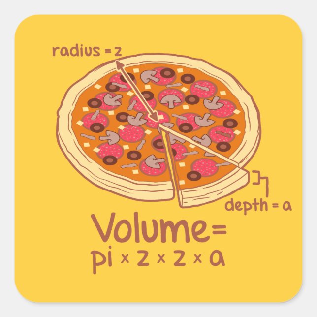 Pegatina Cuadrada Fórmula Matemática del Volumen de Pizza = Pi*z*z*a (Anverso)