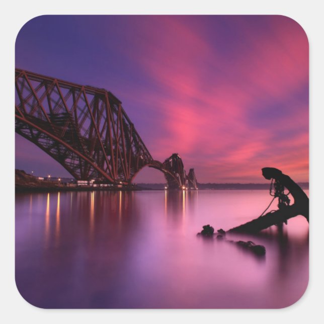 Pegatina Cuadrada Fort Rail Bridge At Sunset | Escocia (Anverso)