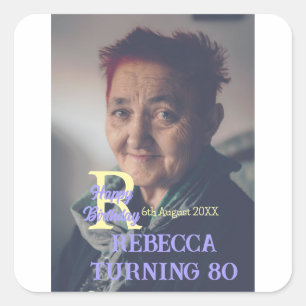 Pegatina Cuadrada Foto 80 cumpleaños agregar nombre fecha púrpura mo
