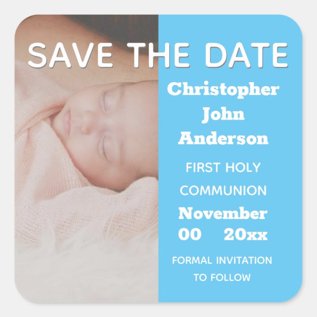Pegatina Cuadrada Foto Baptism Communion blue boys salva la fecha (Anverso)