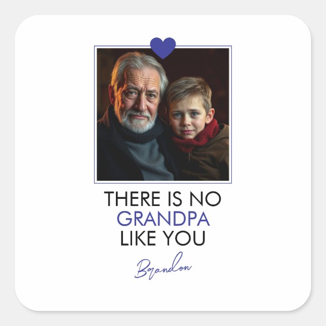 Pegatina Cuadrada Foto de abuelo de nieto de corazón azul simple (Anverso)