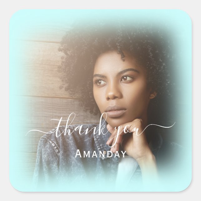 Pegatina Cuadrada Foto de agradecimiento Aqua Blue Bridal Sweet16 (Anverso)
