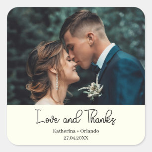 Pegatina Cuadrada Foto de amor y agradecimiento de boda elegante mar