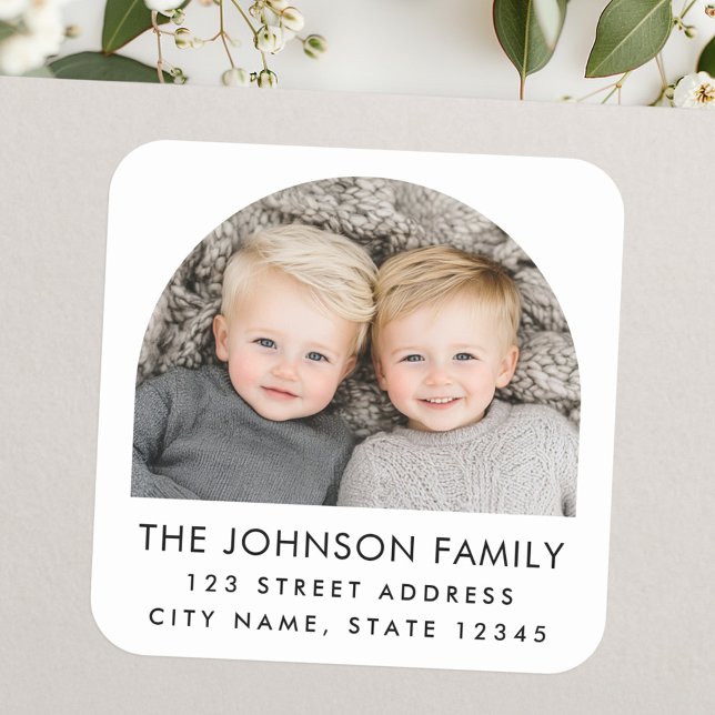 Pegatina Cuadrada Foto de Arch moderna dirección de retorno en blanc (Arch photo modern trendy white return address square sticker)