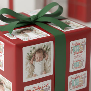Pegatina Cuadrada Foto de bebé Primera Navidad Roja Personalizar