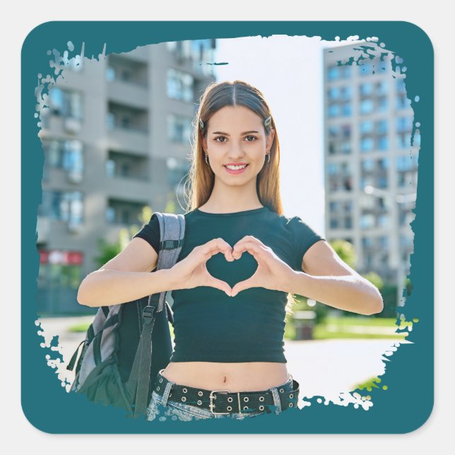 Pegatina Cuadrada Foto de borde oscuro Verde azulado moderno (Anverso)