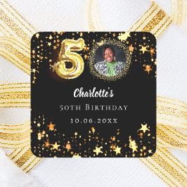 Pegatina Cuadrada foto de cumpleaños 50 negro estrellas doradas