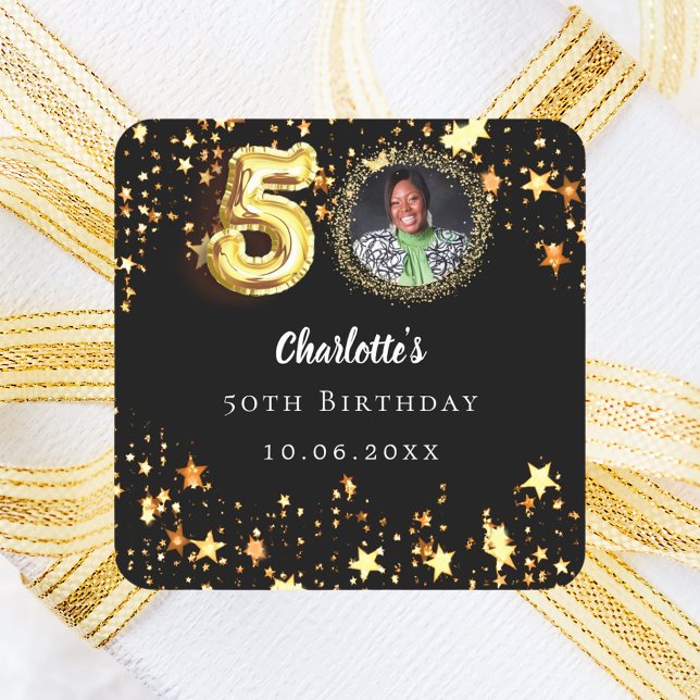 Pegatina Cuadrada foto de cumpleaños 50 negro estrellas doradas (Subido por el creador)