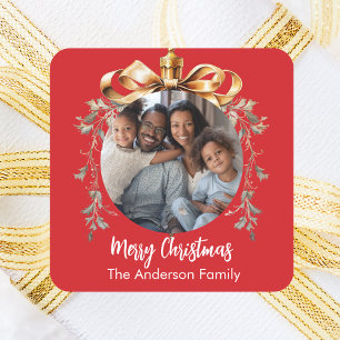 Pegatina Cuadrada Foto de familia de navidades de oro rojo bauble