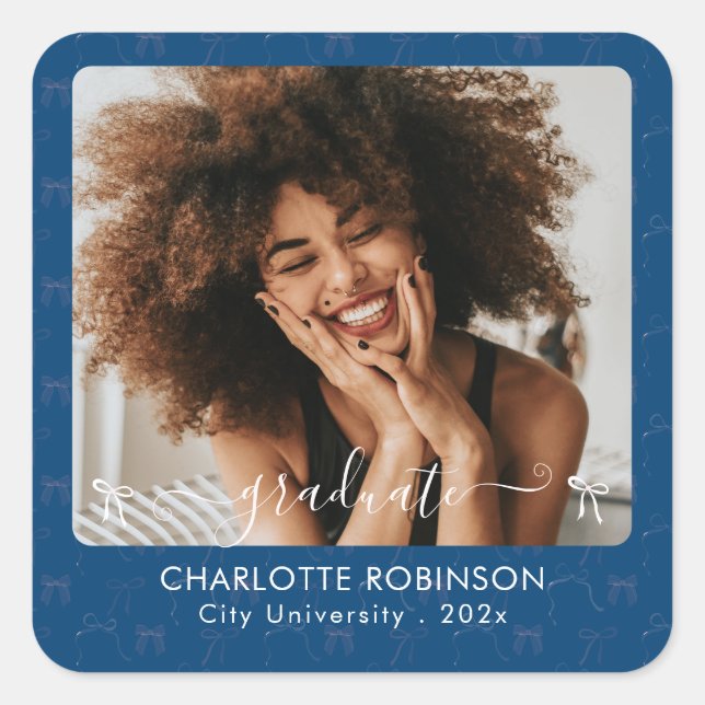 Pegatina Cuadrada Foto de graduación de Bow azul y rosa (Anverso)