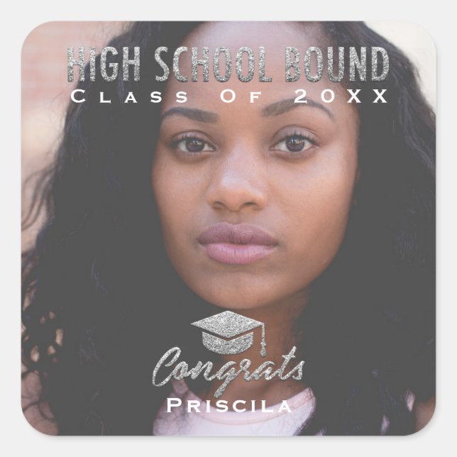 Pegatina Cuadrada Foto de graduado Nombre de la escuela secundaria P (Anverso)