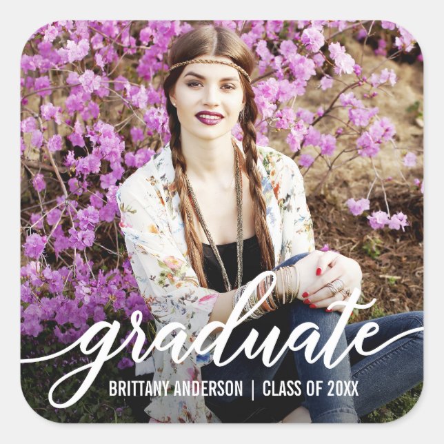 Pegatina Cuadrada Foto de Invitación de graduación de guión moderno (Anverso)