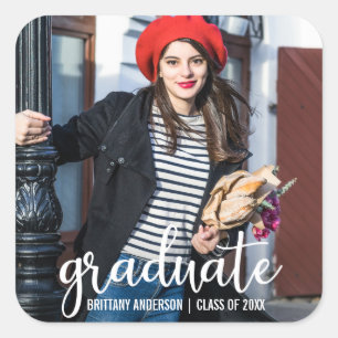 Pegatina Cuadrada Foto de Invitación de graduación de guión moderno