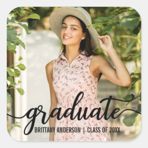Pegatina Cuadrada Foto de Invitación de graduación de guión moderno