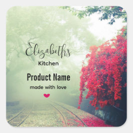 Pegatina Cuadrada Foto de Misty Train Tracks & Red Tree - Kitchen