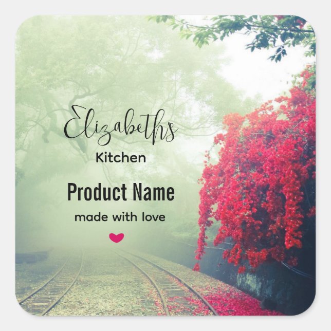Pegatina Cuadrada Foto de Misty Train Tracks & Red Tree - Kitchen (Anverso)