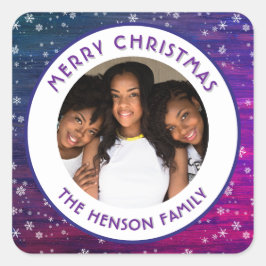 Pegatina Cuadrada Foto de Navidades de copos de nieve de madera Rust