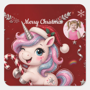 Pegatina Cuadrada Foto de niña unicornio de Navidad color carmesí li