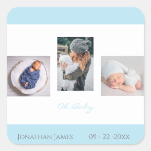 Pegatina Cuadrada Foto de niño azul guión Nacimiento Invitación
