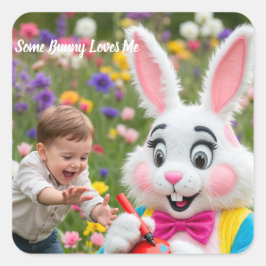 Pegatina Cuadrada Foto de Pascua de conejo y niño