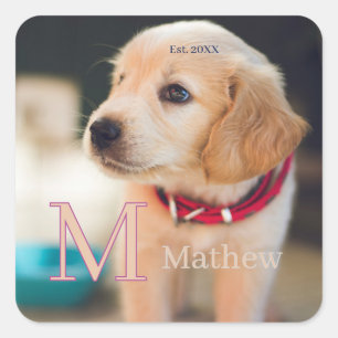 Pegatina Cuadrada foto de perro mascota monograma de nombre año est
