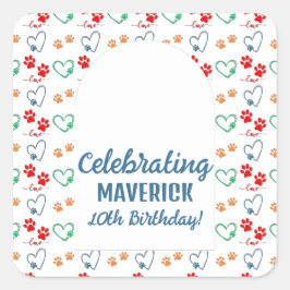 Pegatina Cuadrada Foto de personalizable Paw Imprimir fiesta de cump