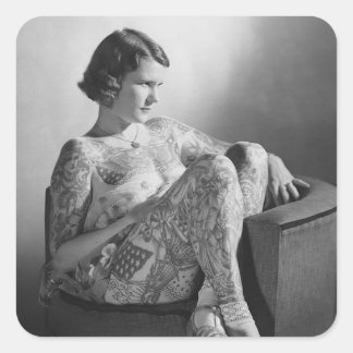 Pegatina Cuadrada Foto de Vintage B&W, Chica de Sailor Tattooed