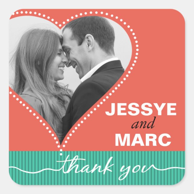 Pegatina Cuadrada Foto del corazón punteado Gracias jade coral (Anverso)